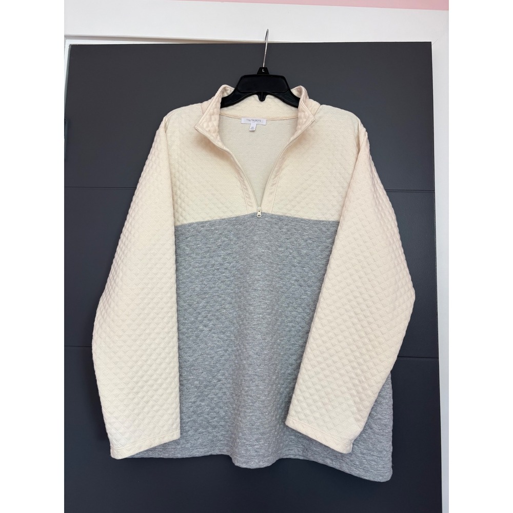 T by Talbots Quilted Quarter Zip Pullover Colorblock Grey Cream 2X Pockets